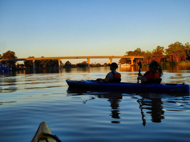 Silhouette of kayakers approaching the Berri Bridge