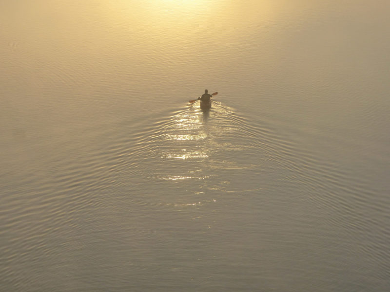 solitary kayaker on misty morning leaving beautiful ripple paths in the water