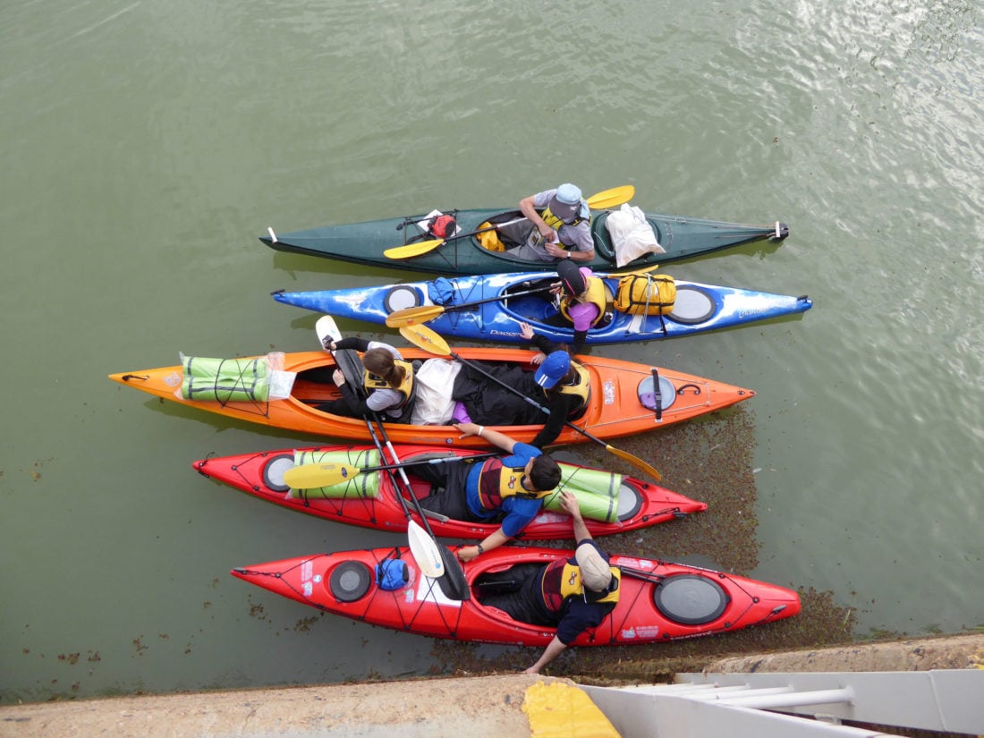 aerial view of kayak camping group, rafting up in Lock