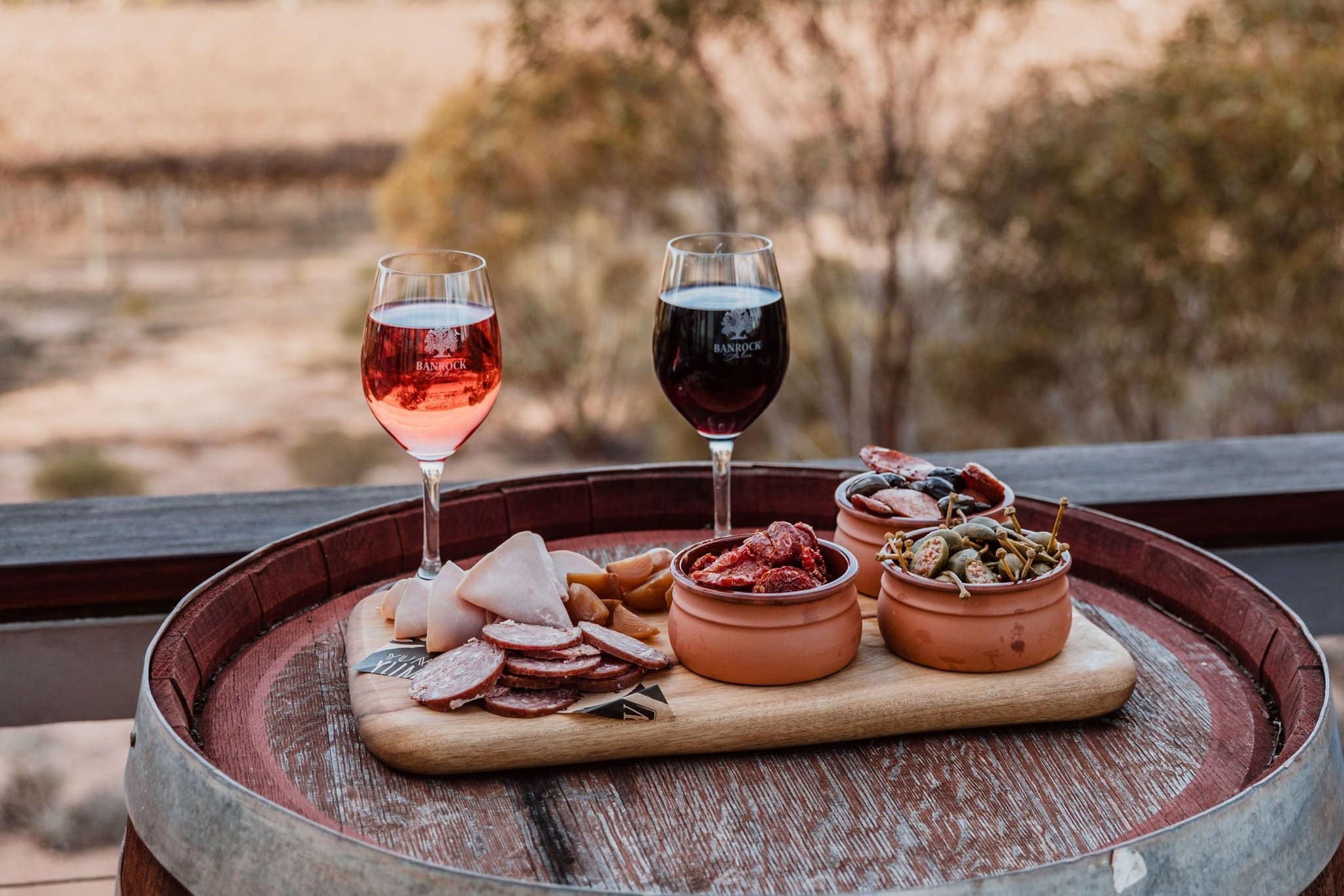 Tasty Charcuterie board and 2 glasses of wine atop a barrel with background view of river valley.