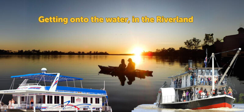 Composite image of paddle steamer, houseboat and kayaks, with the words, "Getting onto the water, in the Riverland"